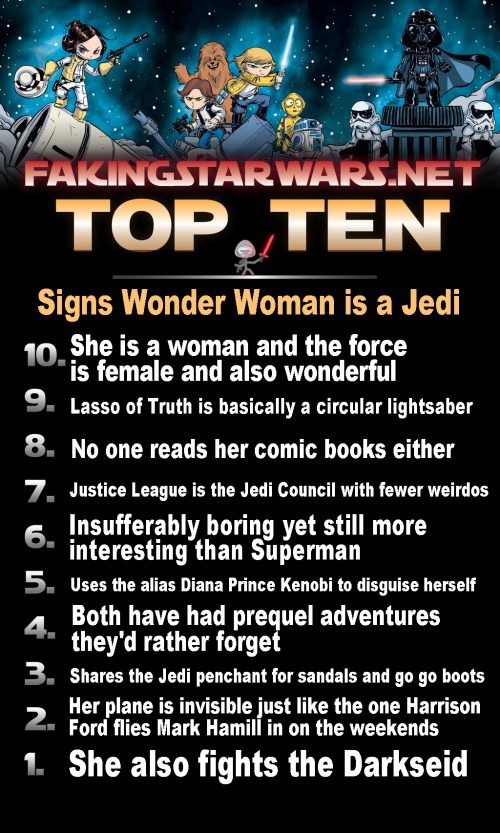 She is a woman and the force is female and also wonderful Lasso of Truth is basically a circular lightsaber  No one reads her comic books either Justice League is the Jedi Council with fewer weirdos Insufferably boring yet still more interesting than Superman Uses the alias Diana Prince Kenobi to disguise herself Both have had prequel adventures they'd rather forget She shares the Jedi penchant for sandals and go go boots Her plane is invisible just like the one Harrison Ford flies Mark Hamill in on the weekends She also fights the Darkseid