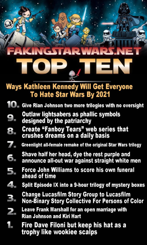 Top 10 Ways Kathleen Kennedy Will Get Everyone To Hate Star Wars By 2021